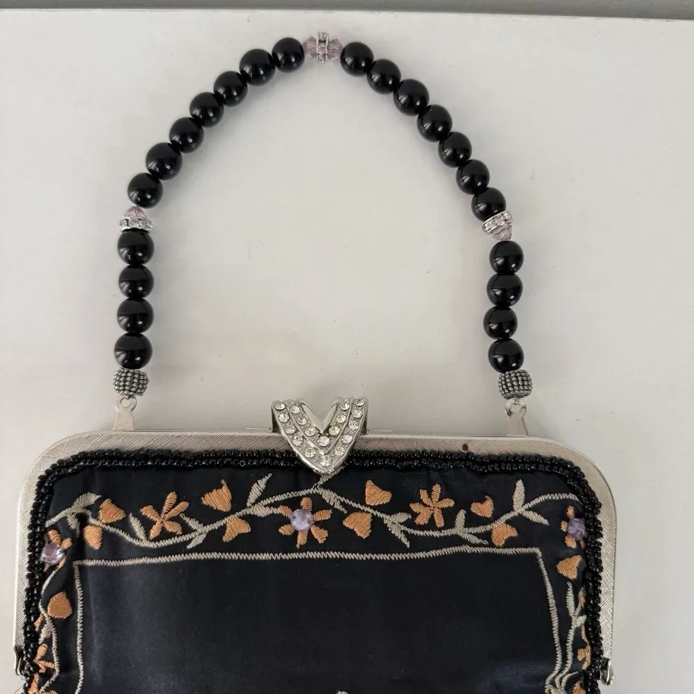 Vintage Lily Scott Peacock Black Evening Bag W/ Sequin Beads & Embroidery